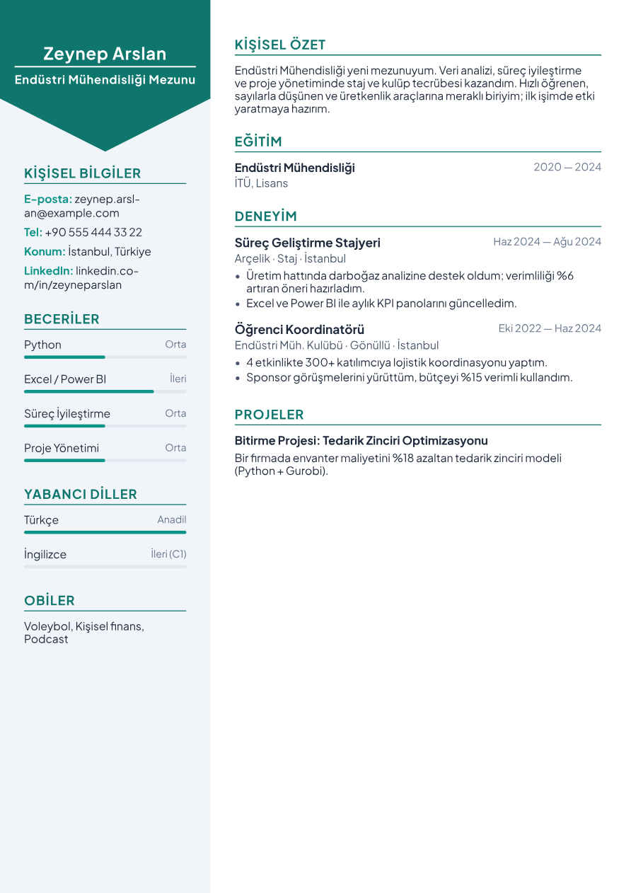 Yeni Mezun CV Örneği