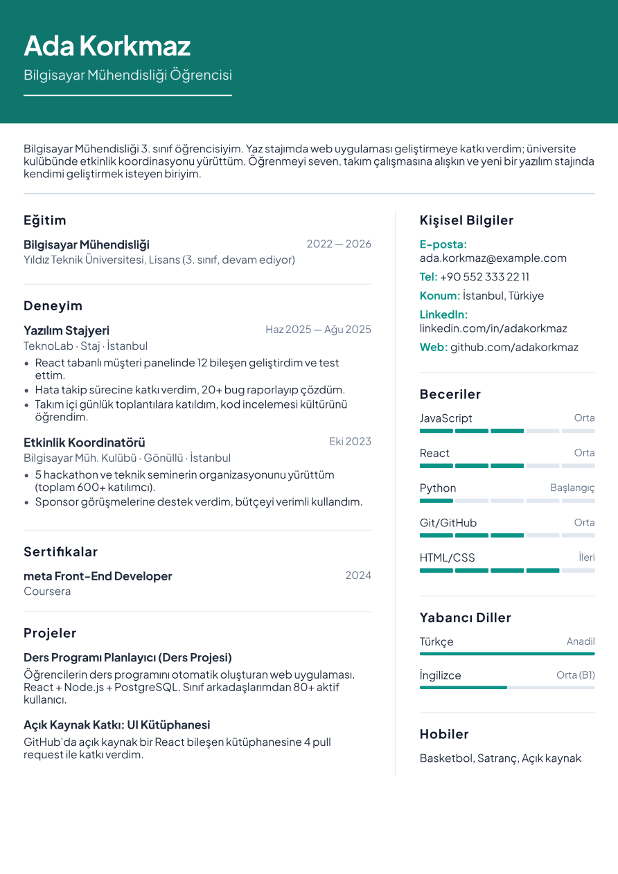Stajyer / Öğrenci CV Örneği