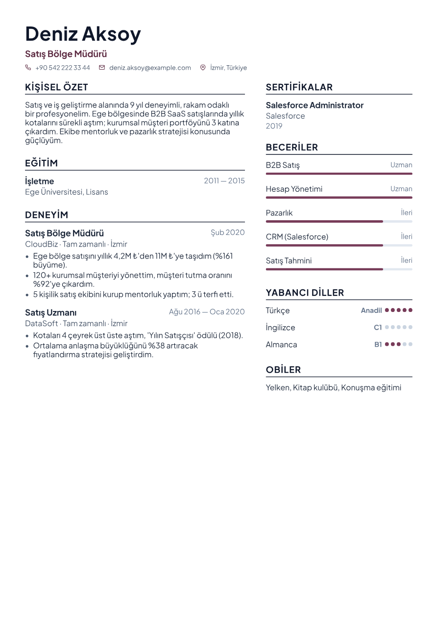 Satış Uzmanı CV Örneği
